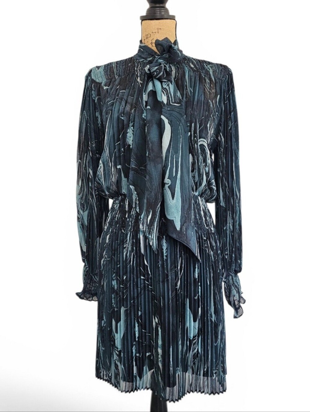 Banana Republic Teal, Black Marble-Print Long-Sleeve Tie-Neck Dress, Size S